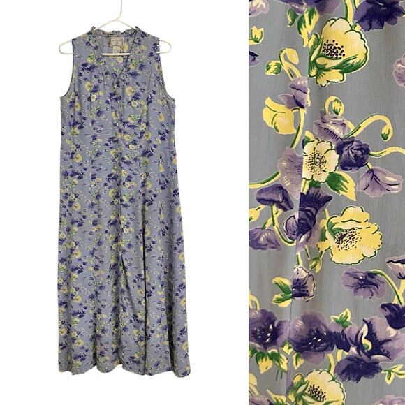 Vintage 90s April Cornell Button Front Maxi Dress Medium Purple Floral Cottage - Picture 1 of 6